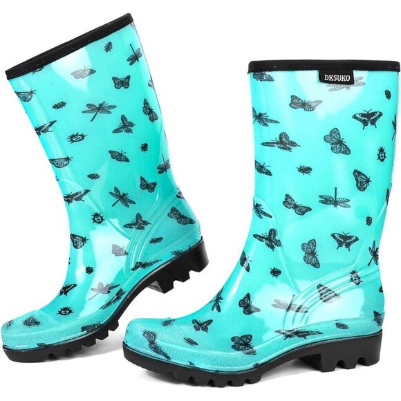 Shoes - Women's Green Butterfly Lightweight Fashion Wide Calf Waterproof Rain Boots